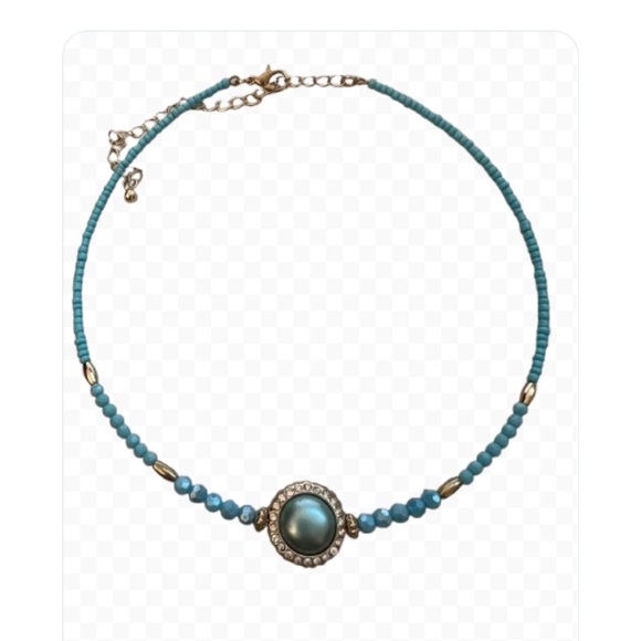 Turquoise Blue Gold Faceted Beads Choker Necklace W/Rhinestone Center Faux Pearl - Picture 4 of 10